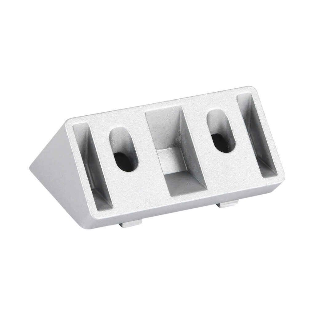 151218 - FATH angle connector, silver, 45-degree, 40 x 80mm, die-cast aluminum, slot size 8. For use with all 40mm and 80mm profile T-slotted rails. Fasteners included. Manufacturer part number: 093WS80145N08.