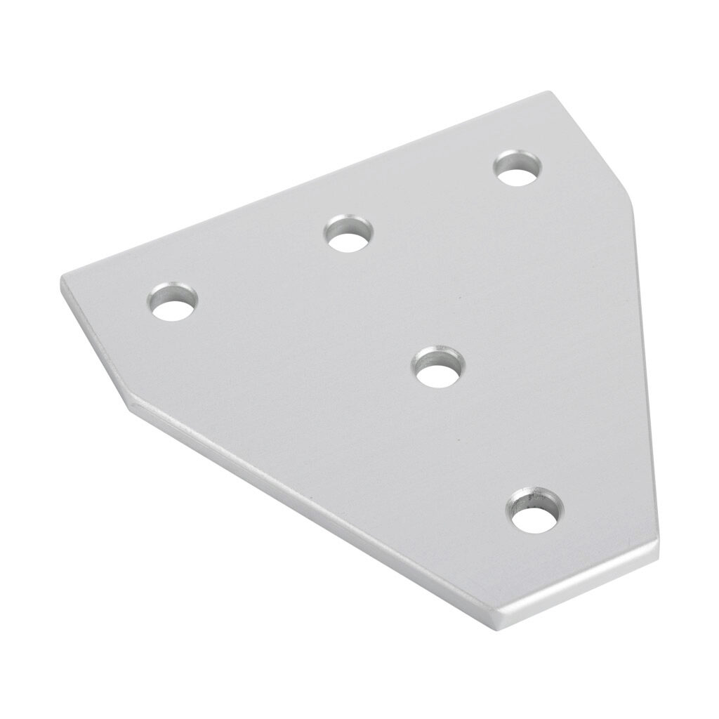 151220 - FATH T-shaped flat plate, silver, 5 holes, anodized aluminum, slot size 8. For use with all 40mm and 80mm profile T-slotted rails. Manufacturer part number: 093VT120120.