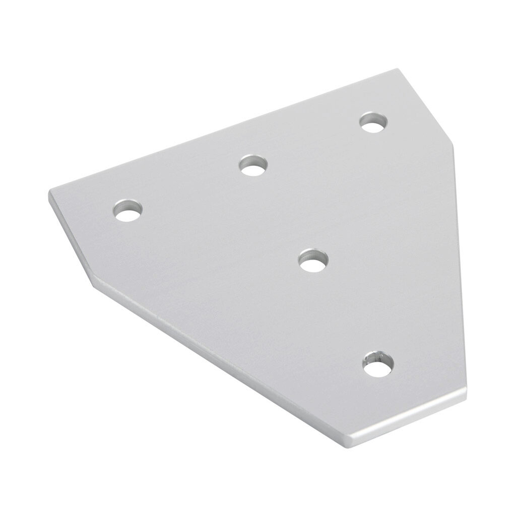 151250 - FATH T-shaped flat plate, silver, 5 holes, anodized aluminum, slot size 10. For use with all 45mm and 90mm profile T-slotted rails. Manufacturer part number: 093VT135135.