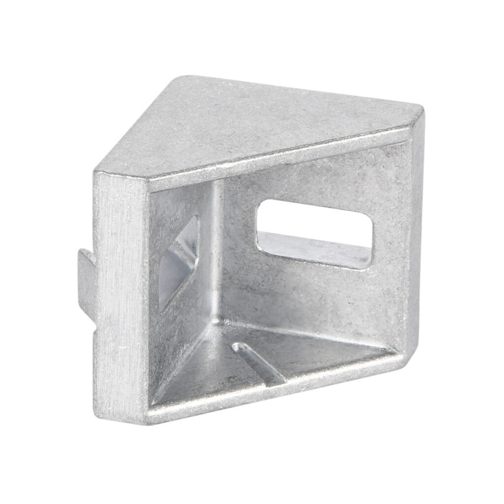 151251-10 - FATH angle bracket, silver, 90-degree, 2 holes, die-cast aluminum, slot size 10. Package of 10. For use with all 45mm and 90mm profile T-slotted rails. Manufacturer part number: 093W421N10.