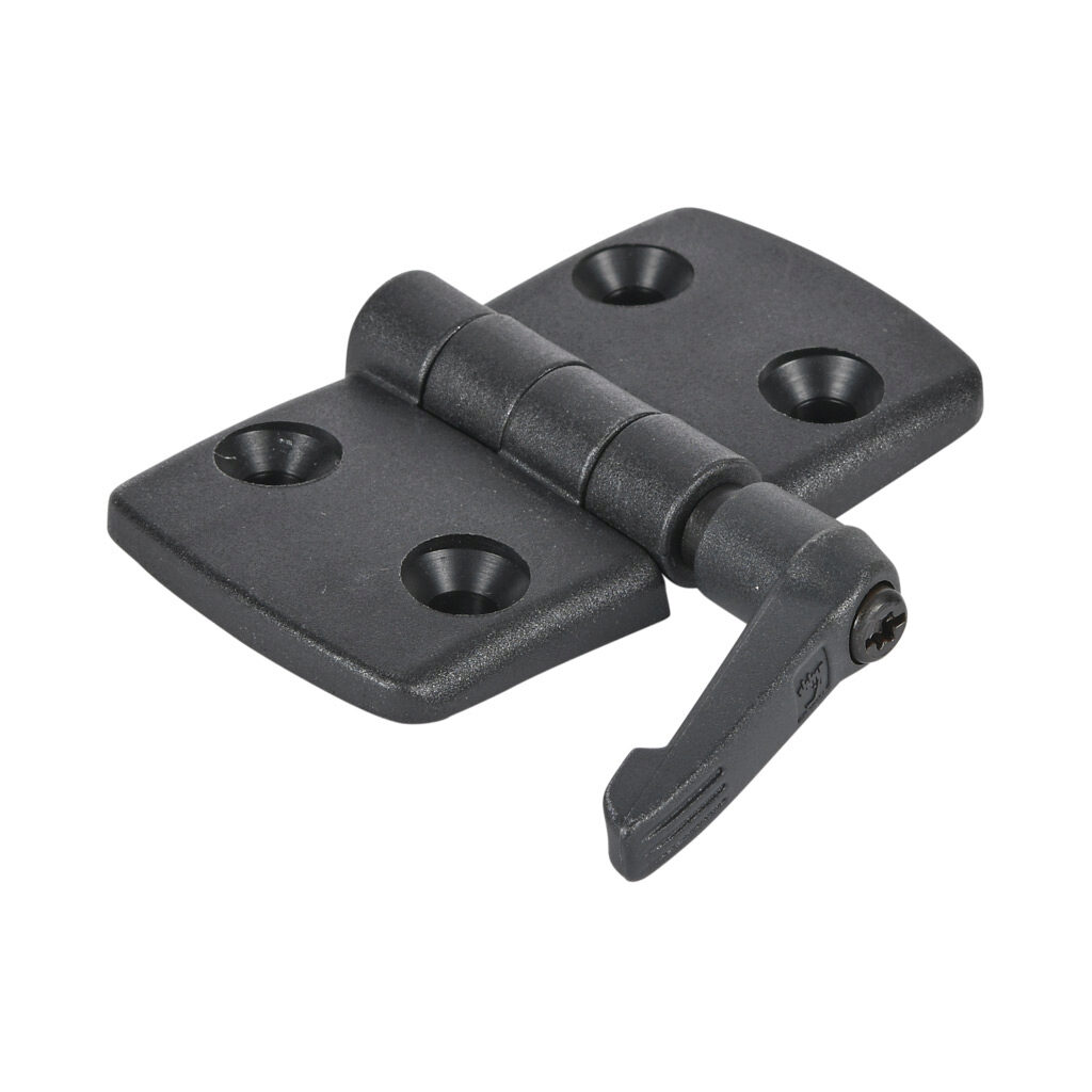 151265 - FATH non-detachable combination hinge with locking lever, black, fiberglass reinforced plastic, slot size 10. For use with all 45mm and 90mm profile T-slotted rails. Manufacturer part number: 095KF4545F10.