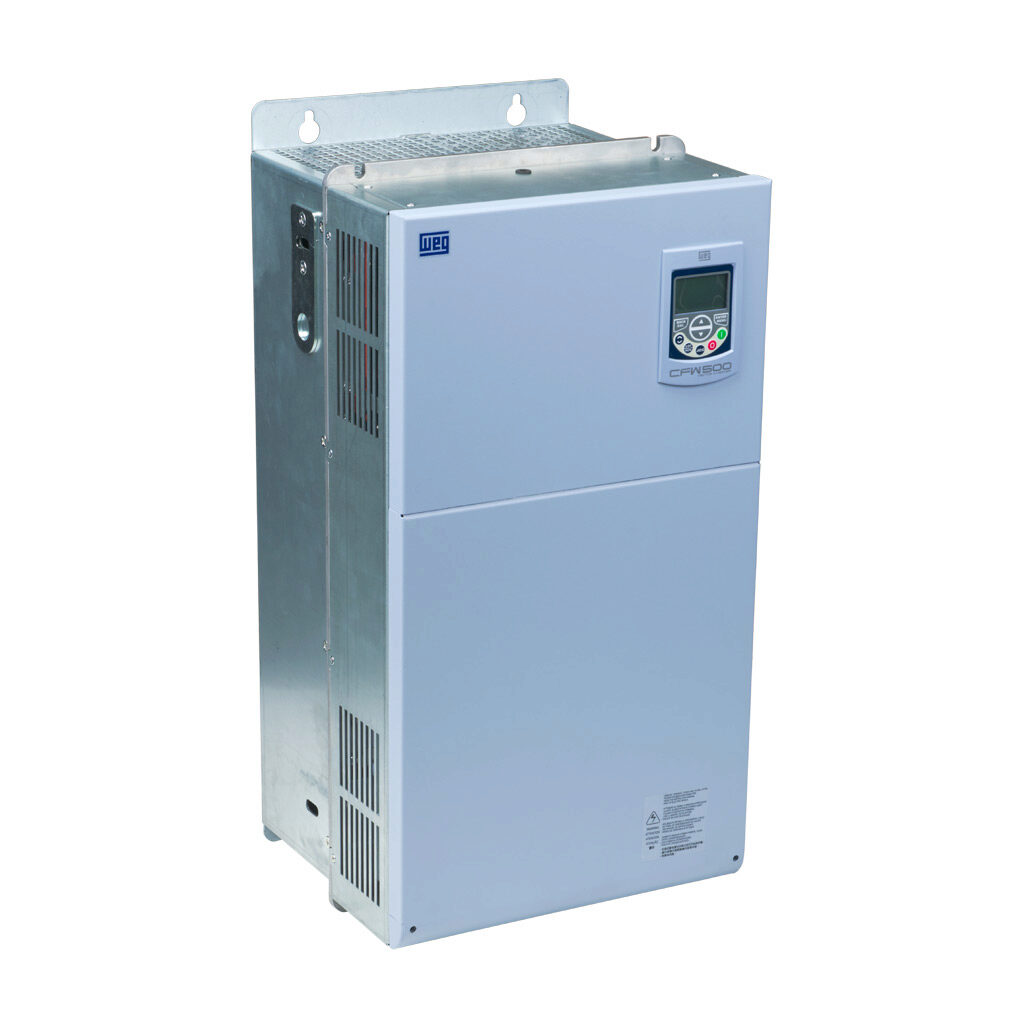15448373 - WEG Electric CFW500 series AC high-performance drive, enclosed, 460 VAC, 150hp with 3-phase input, SVC, V/Hz, VVW, FOC, encoder or torque mode, G frame, RS-485, integrated dynamic braking. Optional communication and STO modules available.