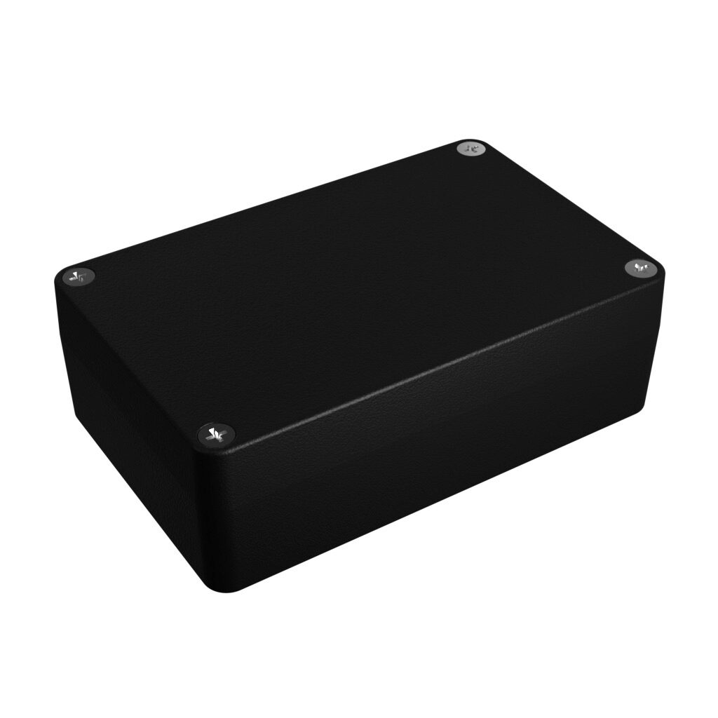 1550Z107BK - Hammond enclosure, NEMA 1/4/4X/12/13, 125 x 80 x 41mm (HxWxD), die-cast aluminum alloy, black, powder coat finish, screw cover.
