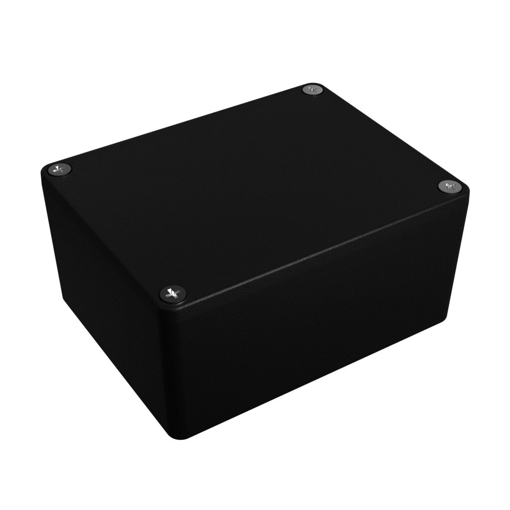 1550Z113BK - Hammond enclosure, NEMA 1/4/4X/12/13, 115 x 90 x 55mm (HxWxD), die-cast aluminum alloy, black, powder coat finish, screw cover.
