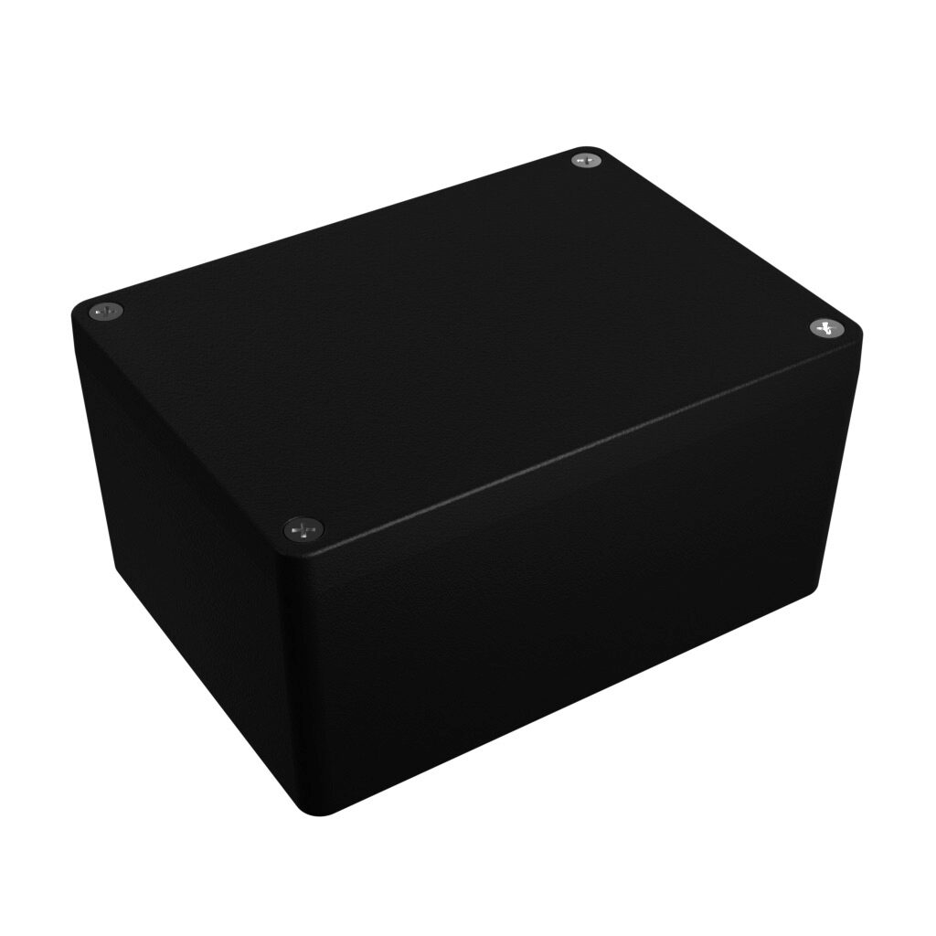 1550Z115BK - Hammond enclosure, NEMA 1/4/4X/12/13, 148 x 108 x 75mm (HxWxD), die-cast aluminum alloy, black, powder coat finish, screw cover.