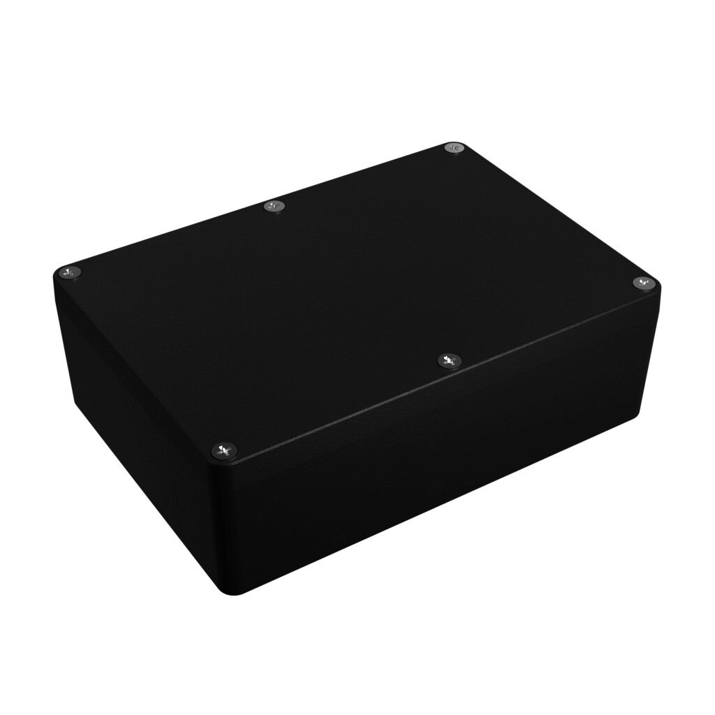 1550Z120BK - Hammond enclosure, NEMA 1/4/4X/12/13, 171 x 121 x 55mm (HxWxD), die-cast aluminum alloy, black, powder coat finish, screw cover.