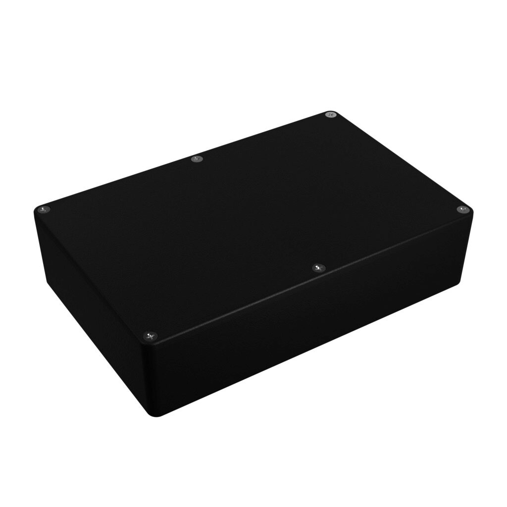 1550Z124BK - Hammond enclosure, NEMA 1/4/4X/12/13, 223 x 147 x 55mm (HxWxD), die-cast aluminum alloy, black, powder coat finish, screw cover.