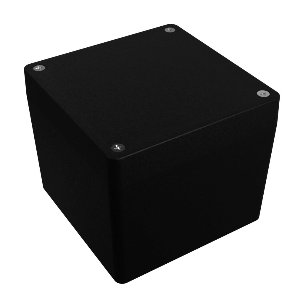 1550Z137BK - Hammond enclosure, NEMA 1/4/4X/12/13, 121 x 121 x 102mm (HxWxD), die-cast aluminum alloy, black, powder coat finish, screw cover.