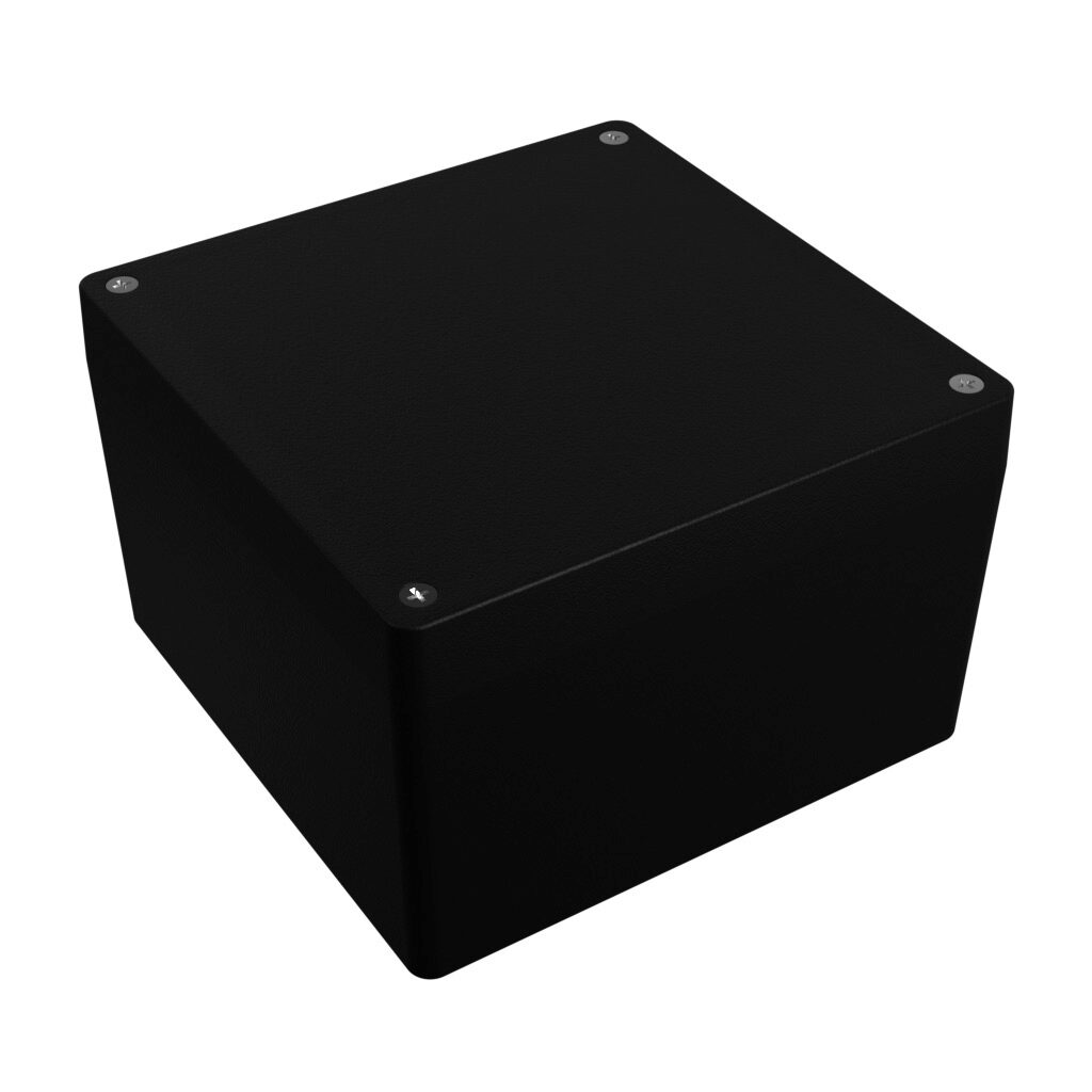1550Z139BK - Hammond enclosure, NEMA 1/4/4X/12/13, 159 x 159 x 102mm (HxWxD), die-cast aluminum alloy, black, powder coat finish, screw cover.