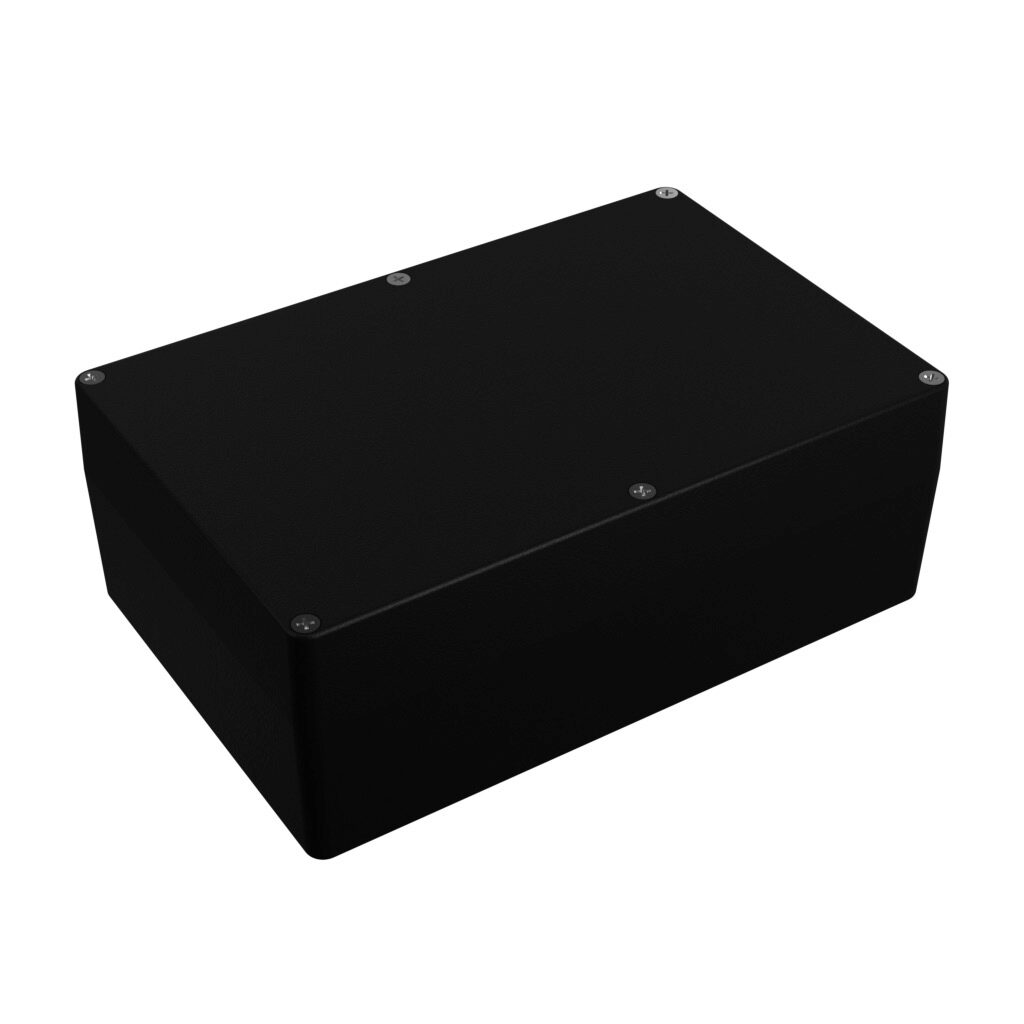 1550Z220BK - Hammond enclosure, NEMA 1/4/4X/12/13, 223 x 147 x 83mm (HxWxD), die-cast aluminum alloy, black, powder coat finish, screw cover.
