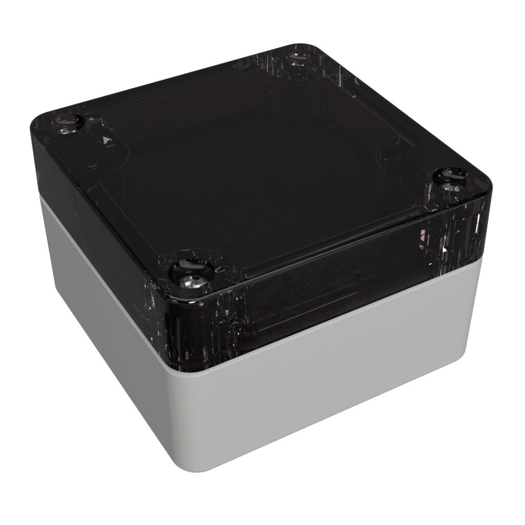 1554B2GYSL - Hammond enclosure, NEMA 4/4X/6/6P/12/13, 65 x 65 x 41mm (HxWxD), polycarbonate, RAL 7035 light gray, smoke polycarbonate screw cover, purchase subpanel separately.