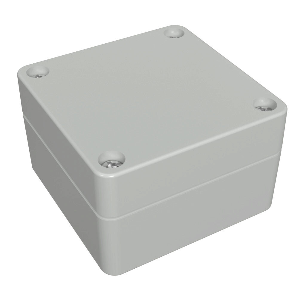 1554BGY - Hammond enclosure, 65 x 65 x 41mm (HxWxD), ABS plastic, RAL 7035 light gray, screw cover, purchase subpanel separately.