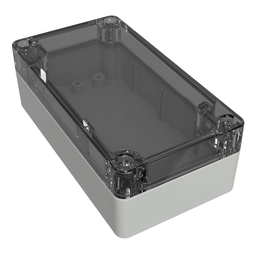 1554C2GYCL - Hammond enclosure, NEMA 4/4X/6/6P/12/13, 120 x 65 x 41mm (HxWxD), polycarbonate, RAL 7035 light gray, clear polycarbonate screw cover, purchase subpanel separately.