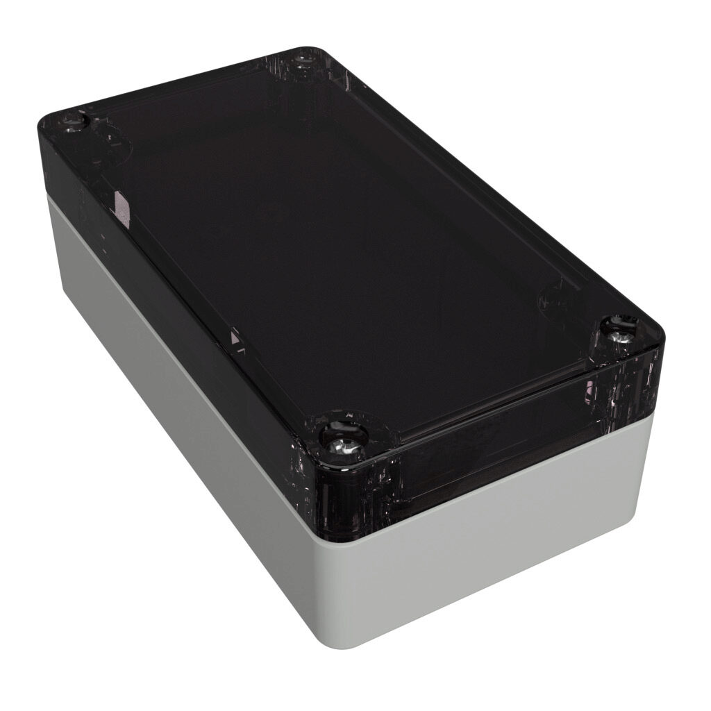 1554C2GYSL - Hammond enclosure, NEMA 4/4X/6/6P/12/13, 120 x 65 x 41mm (HxWxD), polycarbonate, RAL 7035 light gray, smoke polycarbonate screw cover, purchase subpanel separately.