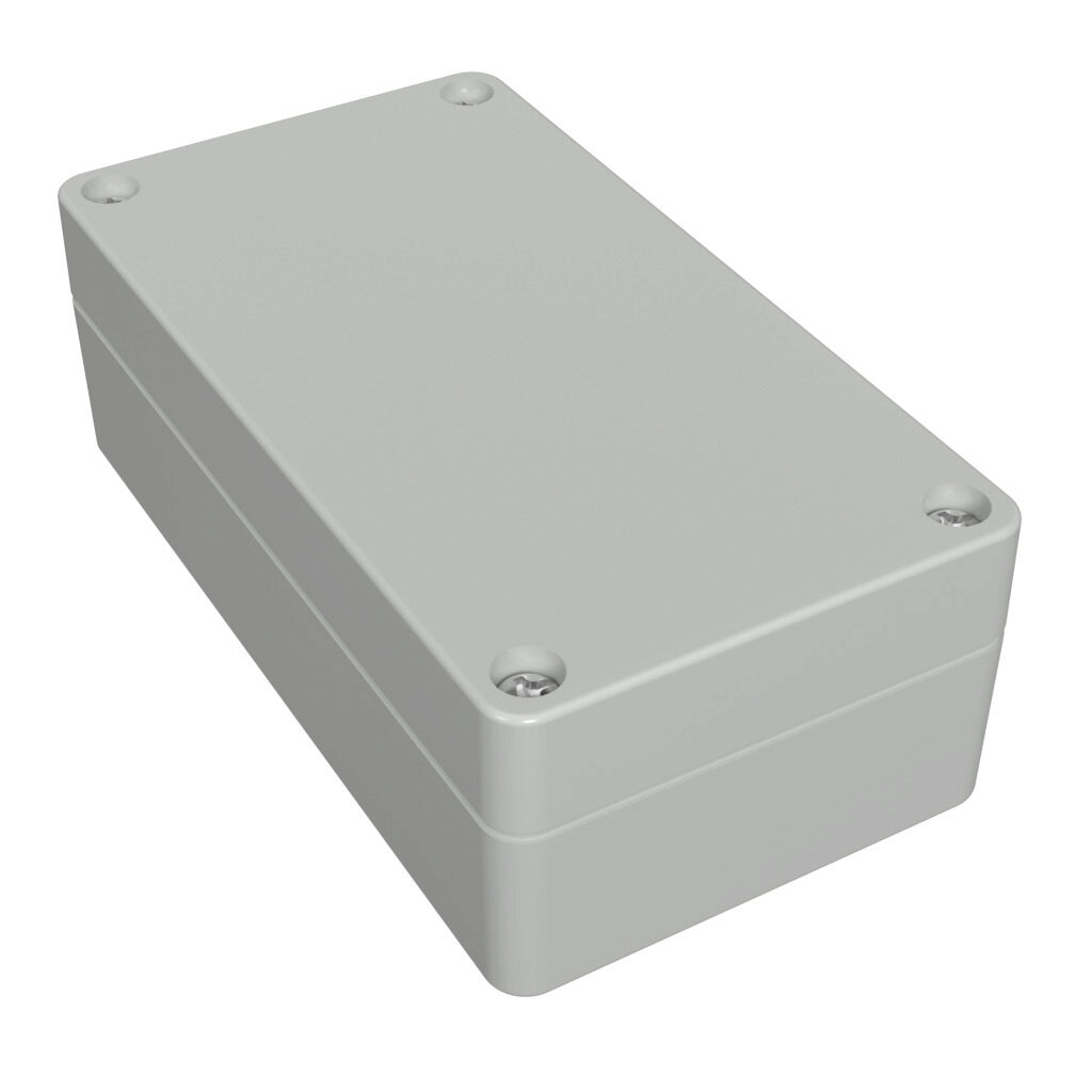 1554CGY - Hammond enclosure, 120 x 65 x 41mm (HxWxD), ABS plastic, RAL 7035 light gray, screw cover, purchase subpanel separately.