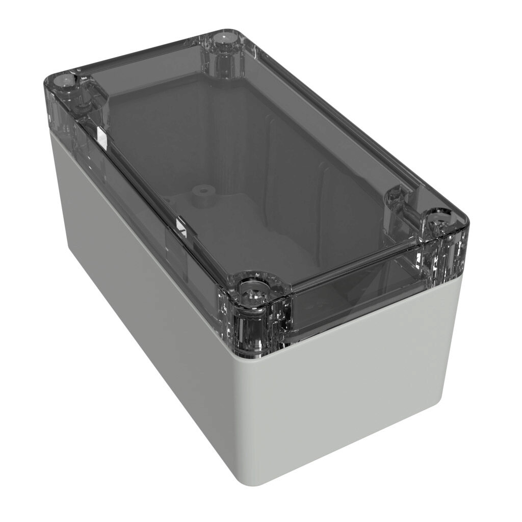 1554D2GYCL - Hammond enclosure, NEMA 4/4X/6/6P/12/13, 120 x 65 x 61mm (HxWxD), polycarbonate, RAL 7035 light gray, clear polycarbonate screw cover, purchase subpanel separately.