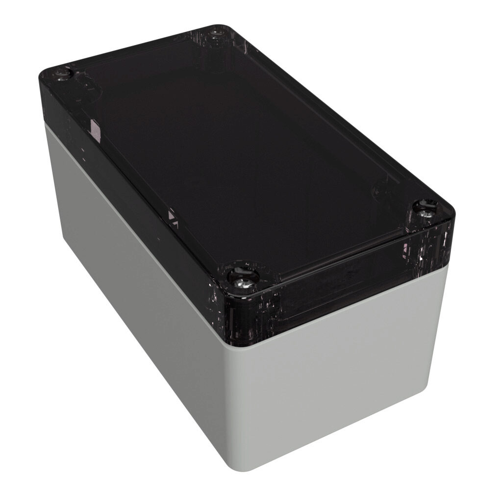 1554D2GYSL - Hammond enclosure, NEMA 4/4X/6/6P/12/13, 120 x 65 x 61mm (HxWxD), polycarbonate, RAL 7035 light gray, smoke polycarbonate screw cover, purchase subpanel separately.
