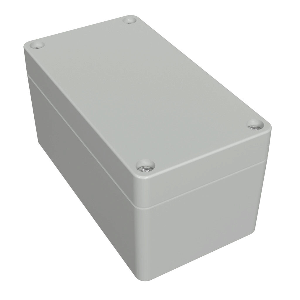 1554DGY - Hammond enclosure, 120 x 65 x 61mm (HxWxD), ABS plastic, RAL 7035 light gray, screw cover, purchase subpanel separately.