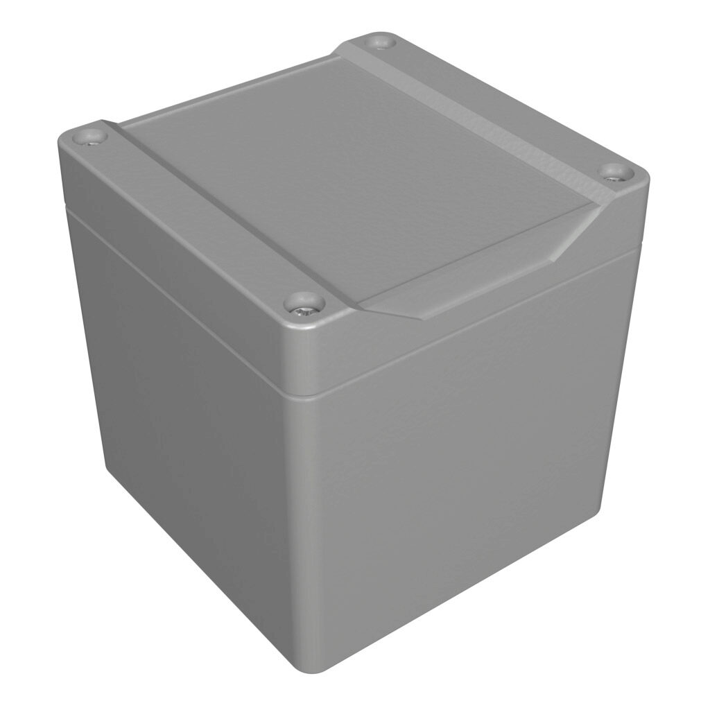 1555EE2GY - Hammond enclosure, NEMA 4/4X/6/6P/12/13, 90 x 90 x 91mm (HxWxD), polycarbonate, RAL 7035 light gray, screw cover with smooth recess, purchase subpanel separately.