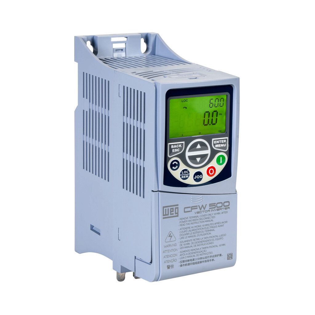 15573823 - WEG Electric CFW500 series AC high-performance drive, enclosed, 460 VAC, 3hp with 3-phase input, SVC, V/Hz, VVW, FOC, encoder or torque mode, A frame, RS-485. Optional communication and STO modules available.