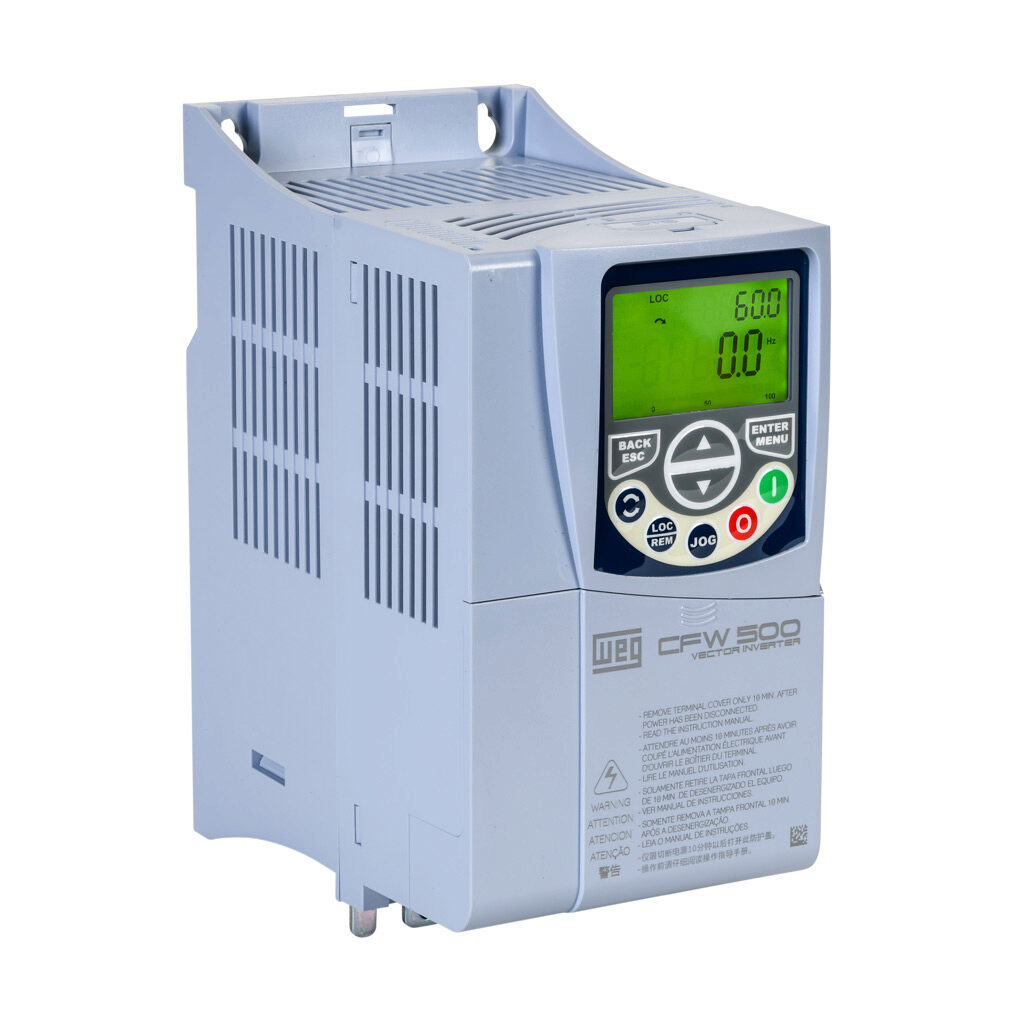 15575202 - WEG Electric CFW500 series AC high-performance drive, enclosed, 230 VAC, 5hp with 3-phase input, SVC, V/Hz, VVW, FOC, encoder or torque mode, B frame, RS-485, integrated dynamic braking. Optional communication and STO modules available.