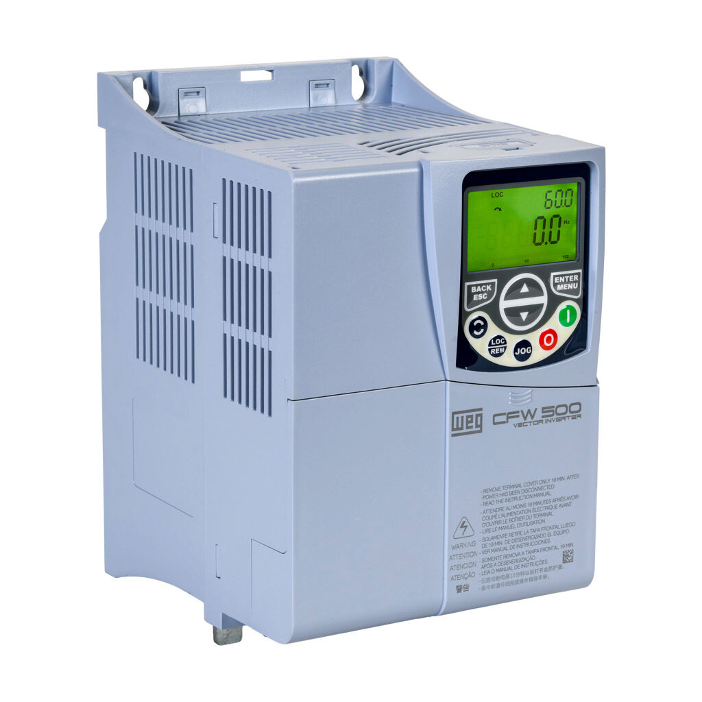 15575701 - WEG Electric CFW500 series AC high-performance drive, enclosed, 230 VAC, 7-1/2hp with 3-phase input, SVC, V/Hz, VVW, FOC, encoder or torque mode, C frame, RS-485, integrated dynamic braking. Optional communication and STO modules availa...