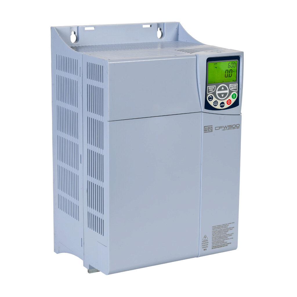 15577077 - WEG Electric CFW500 series AC high-performance drive, enclosed, 230 VAC, 20hp with 3-phase input, SVC, V/Hz, VVW, FOC, encoder or torque mode, E frame, RS-485, integrated dynamic braking. Optional communication and STO modules available.
