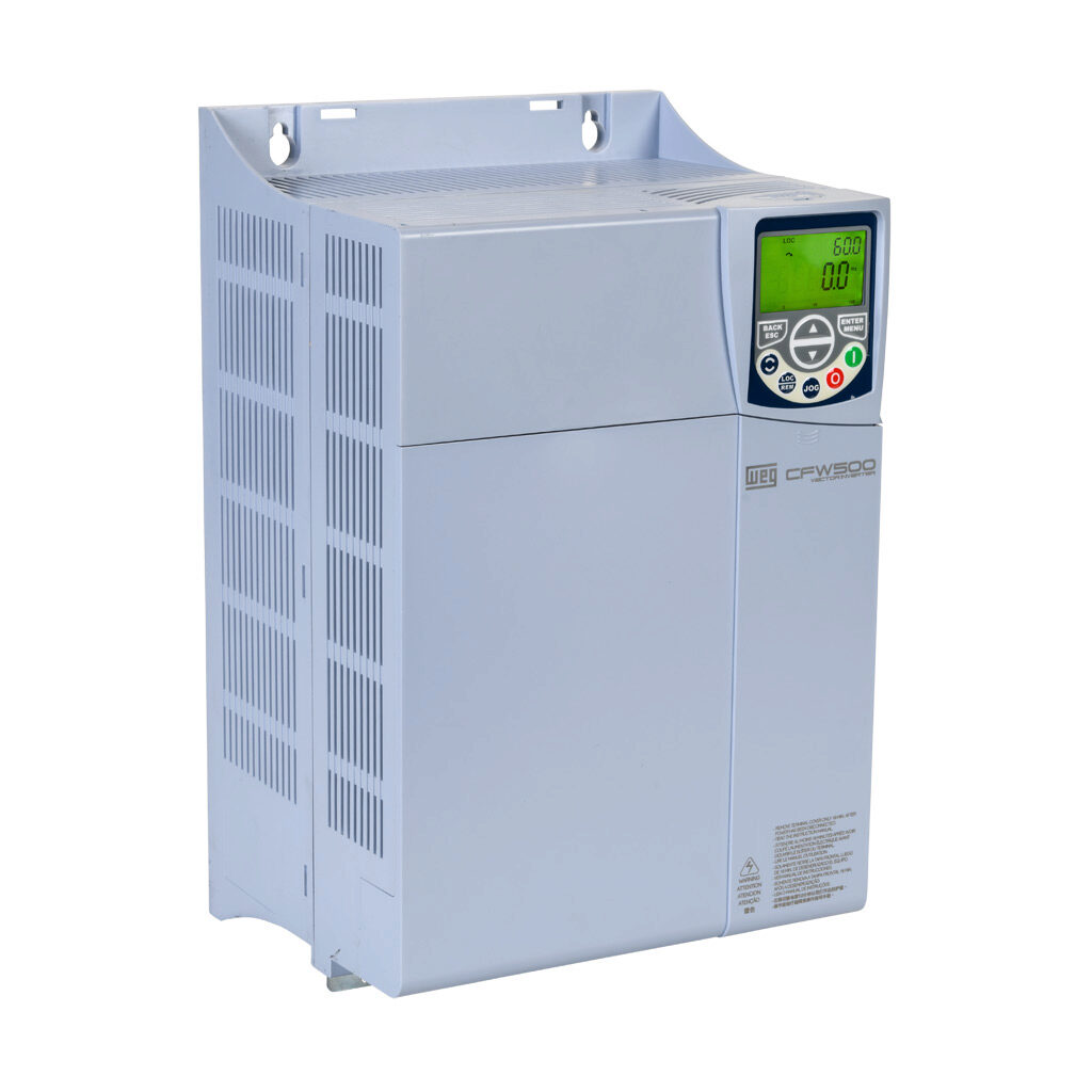 15577211 - WEG Electric CFW500 series AC high-performance drive, enclosed, 460 VAC, 25hp with 3-phase input, SVC, V/Hz, VVW, FOC, encoder or torque mode, E frame, RS-485, integrated dynamic braking. Optional communication and STO modules available.