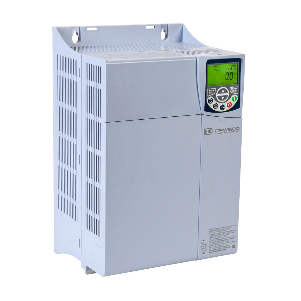 15577452 - WEG Electric CFW500 series AC high-performance drive, enclosed, 460 VAC, 30hp with 3-phase input, SVC, V/Hz, VVW, FOC, encoder or torque mode, E frame, RS-485, integrated dynamic braking. Optional communication and STO modules available.