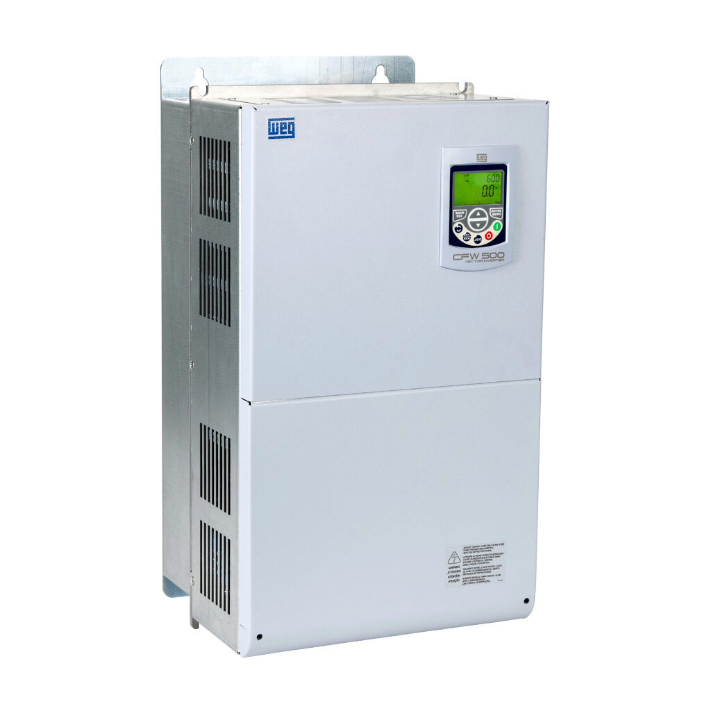 15733937 - WEG Electric CFW500 series AC high-performance drive, enclosed, 460 VAC, 40hp with 3-phase input, SVC, V/Hz, VVW, FOC, encoder or torque mode, F frame, RS-485, integrated dynamic braking. Optional communication and STO modules available.