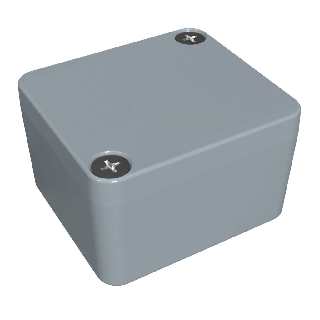 1590Z060GY - Hammond enclosure, NEMA 4/4X/6/6P, 50 x 45 x 30mm (HxWxD), die-cast aluminum alloy, RAL 7001 light gray, powder coat finish, screw cover.