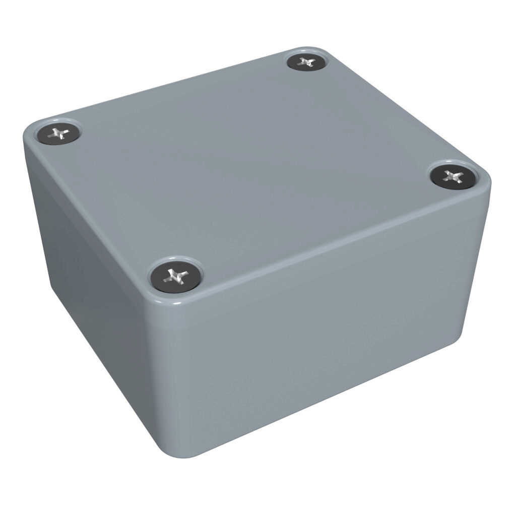 1590Z061GY - Hammond enclosure, NEMA 4/4X/6/6P, 64 x 58 x 35mm (HxWxD), die-cast aluminum alloy, RAL 7001 light gray, powder coat finish, screw cover.