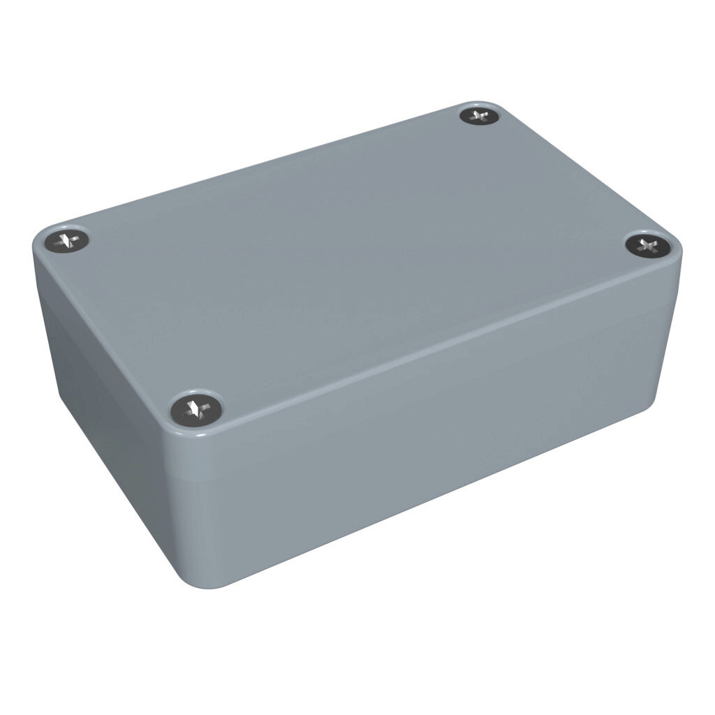 1590Z062GY - Hammond enclosure, NEMA 4/4X/6/6P, 98 x 64 x 34mm (HxWxD), die-cast aluminum alloy, RAL 7001 light gray, powder coat finish, screw cover.
