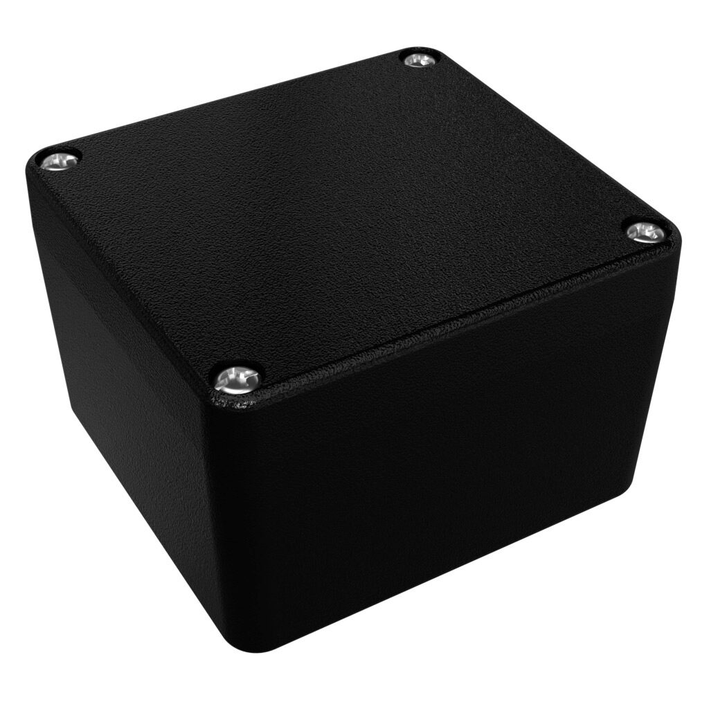 1590Z110BK - Hammond enclosure, NEMA 4/4X/6/6P, 80 x 75 x 52mm (HxWxD), die-cast aluminum alloy, black, powder coat finish, screw cover.