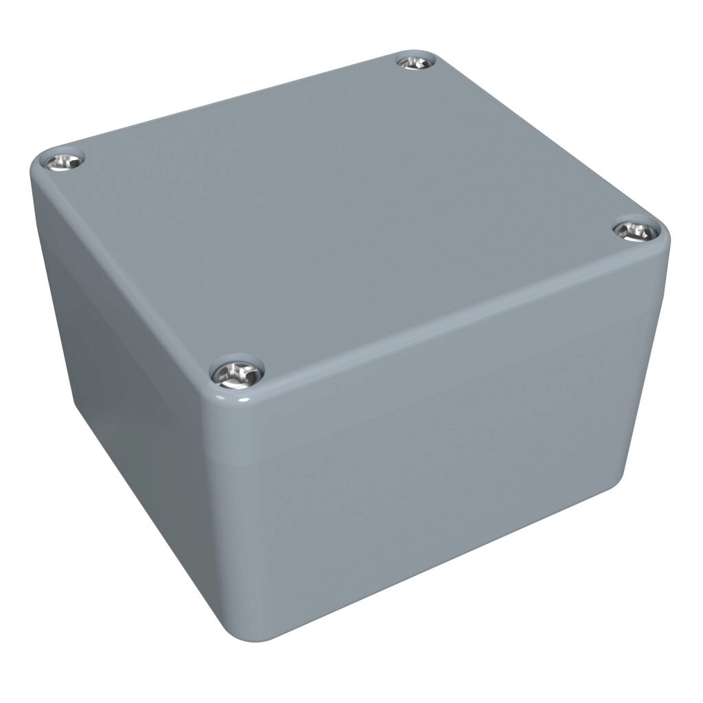 1590Z110GY - Hammond enclosure, NEMA 4/4X/6/6P, 80 x 75 x 52mm (HxWxD), die-cast aluminum alloy, RAL 7001 light gray, powder coat finish, screw cover.