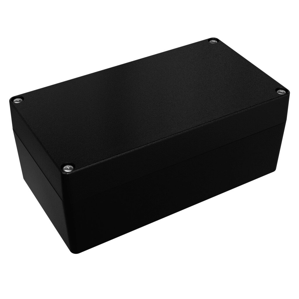 1590Z155BK - Hammond enclosure, NEMA 4/4X/6/6P, 221 x 121 x 90mm (HxWxD), die-cast aluminum alloy, black, powder coat finish, screw cover, purchase subpanel separately.