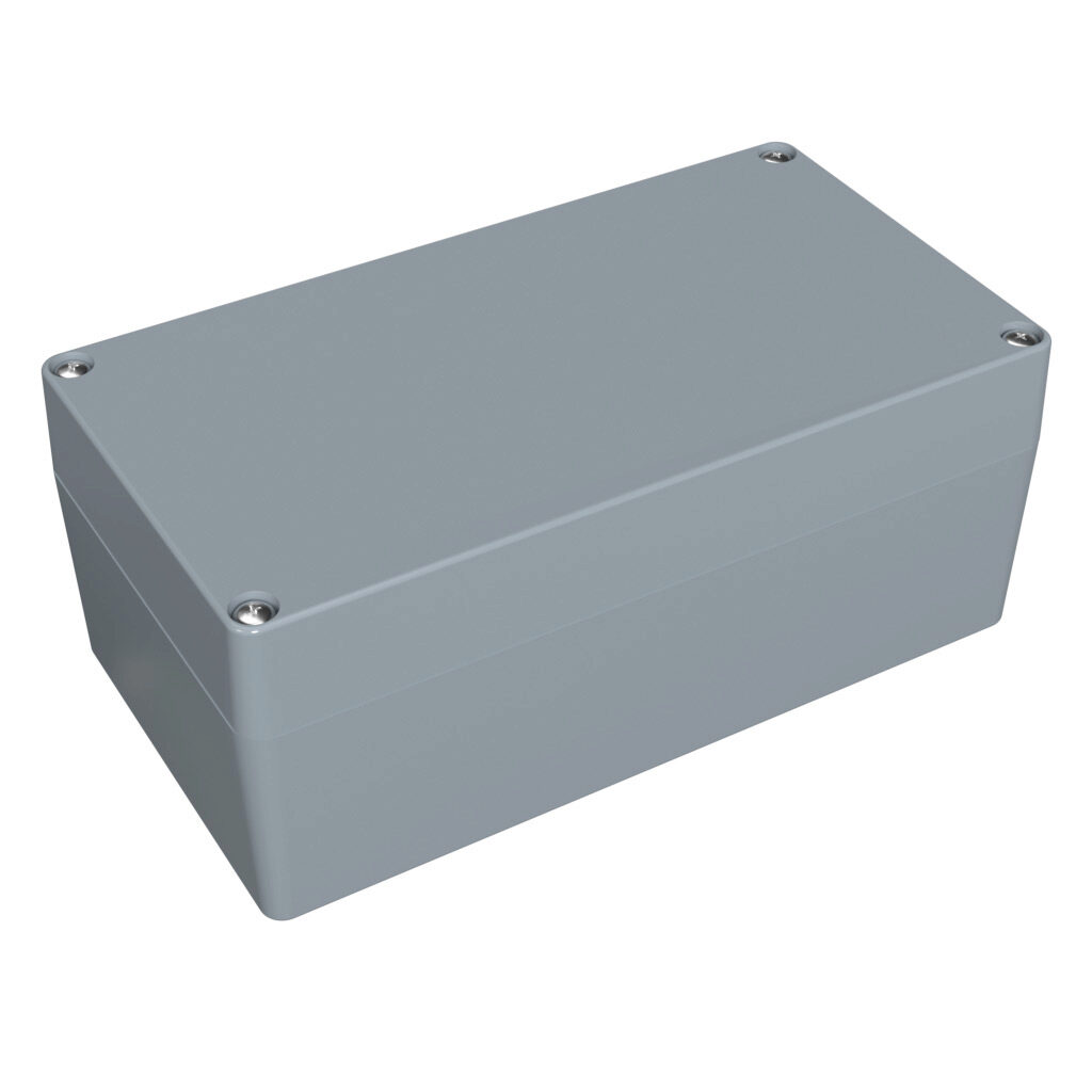1590Z155GY - Hammond enclosure, NEMA 4/4X/6/6P, 221 x 121 x 90mm (HxWxD), die-cast aluminum alloy, RAL 7001 light gray, powder coat finish, screw cover, purchase subpanel separately.