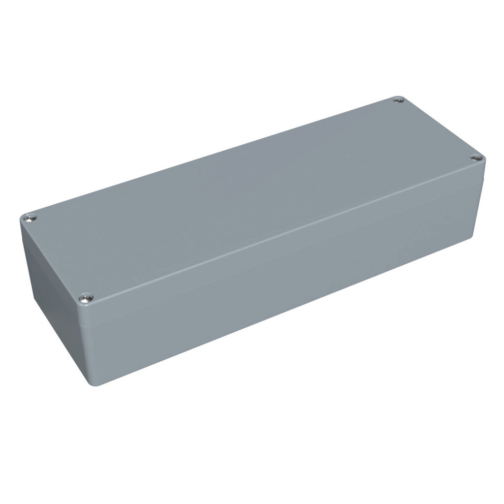 1590Z164GY - Hammond enclosure, NEMA 4/4X/6/6P, 360 x 122 x 80mm (HxWxD), die-cast aluminum alloy, RAL 7001 light gray, powder coat finish, screw cover, purchase subpanel separately.