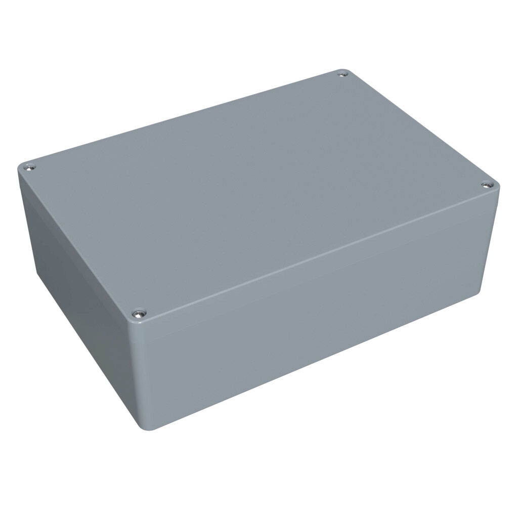 1590Z235GY - Hammond enclosure, NEMA 4/4X/6/6P, 331 x 231 x 112mm (HxWxD), die-cast aluminum alloy, RAL 7001 light gray, powder coat finish, screw cover, purchase subpanel separately.
