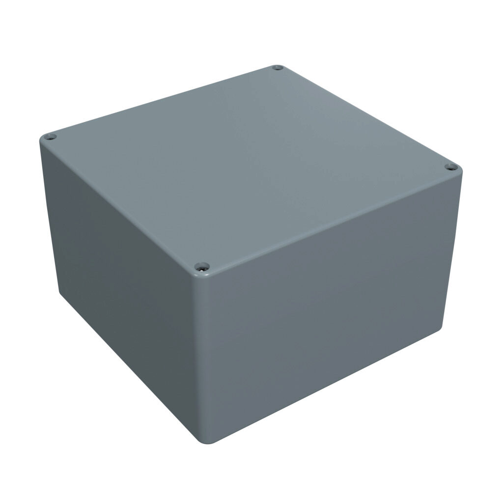 1590ZGRP235 - Hammond enclosure, NEMA 4/4X, 255 x 250 x 161mm (HxWxD), fiberglass reinforced polyester, RAL 7000 light gray, screw cover, purchase subpanel separately.