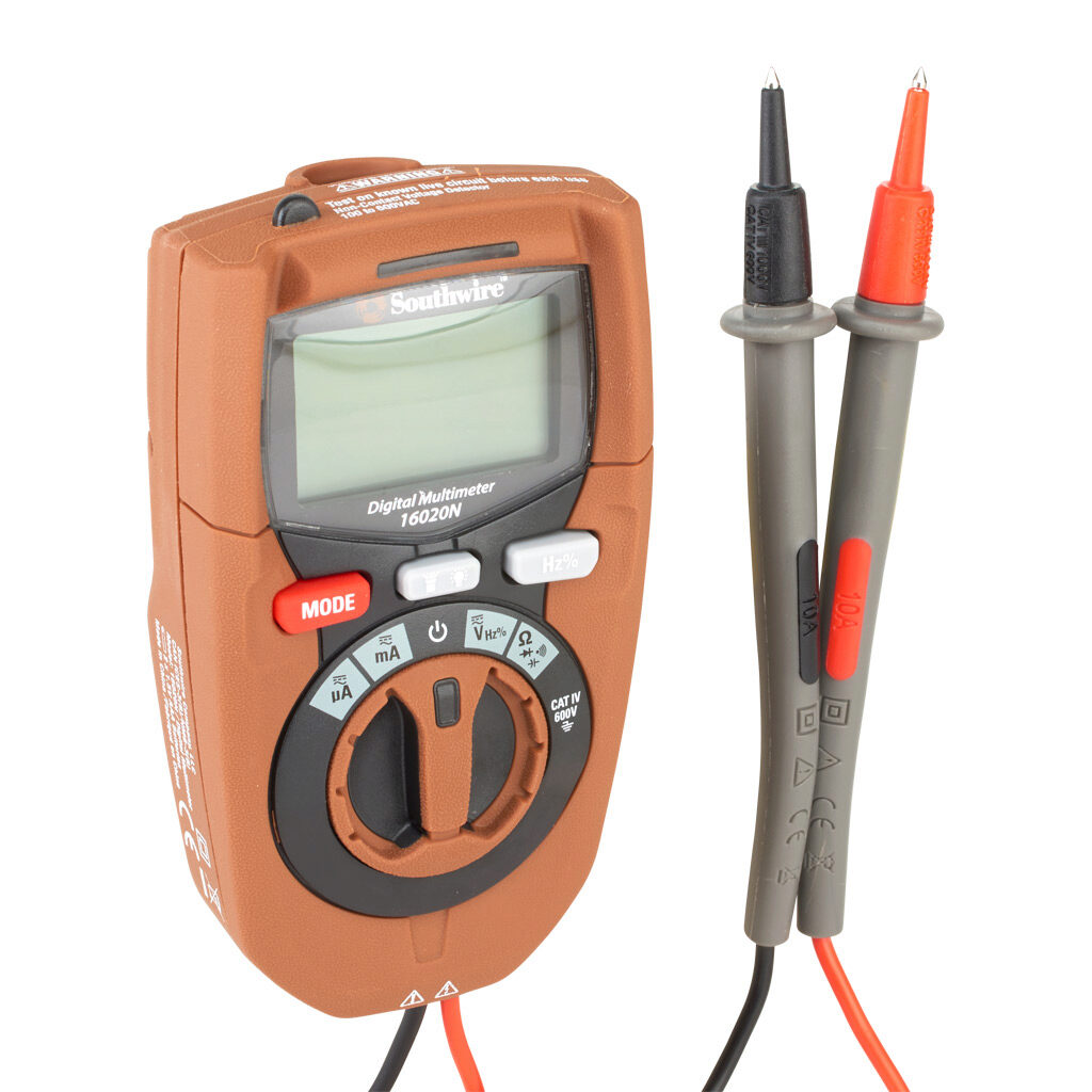 16020N - Southwire autoranging digital multimeter, AC/DC voltage, AC/DC current, resistance, continuity, capacitance, frequency and non-contact AC voltage detection, CAT I VAC 600V. Built-in test leads included.