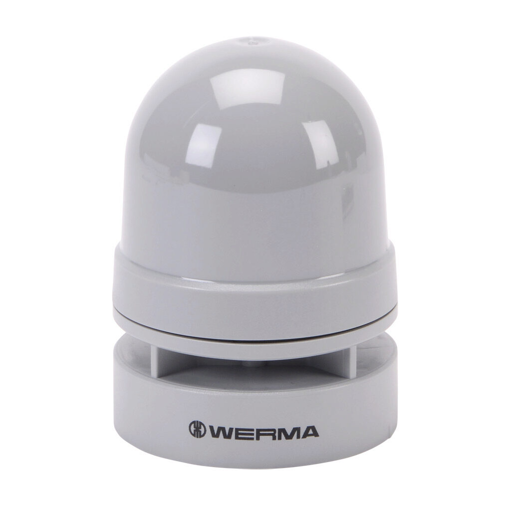 16070060 - WERMA EvoSIGNAL Mini series audible signal horn, 95 dB at 1m, 4 kHz tone frequency, continuous/pulse tone(s), 115-230 VAC, modular mount, ABS/polycarbonate housing, gray, IP66. Requires mounting adapter.