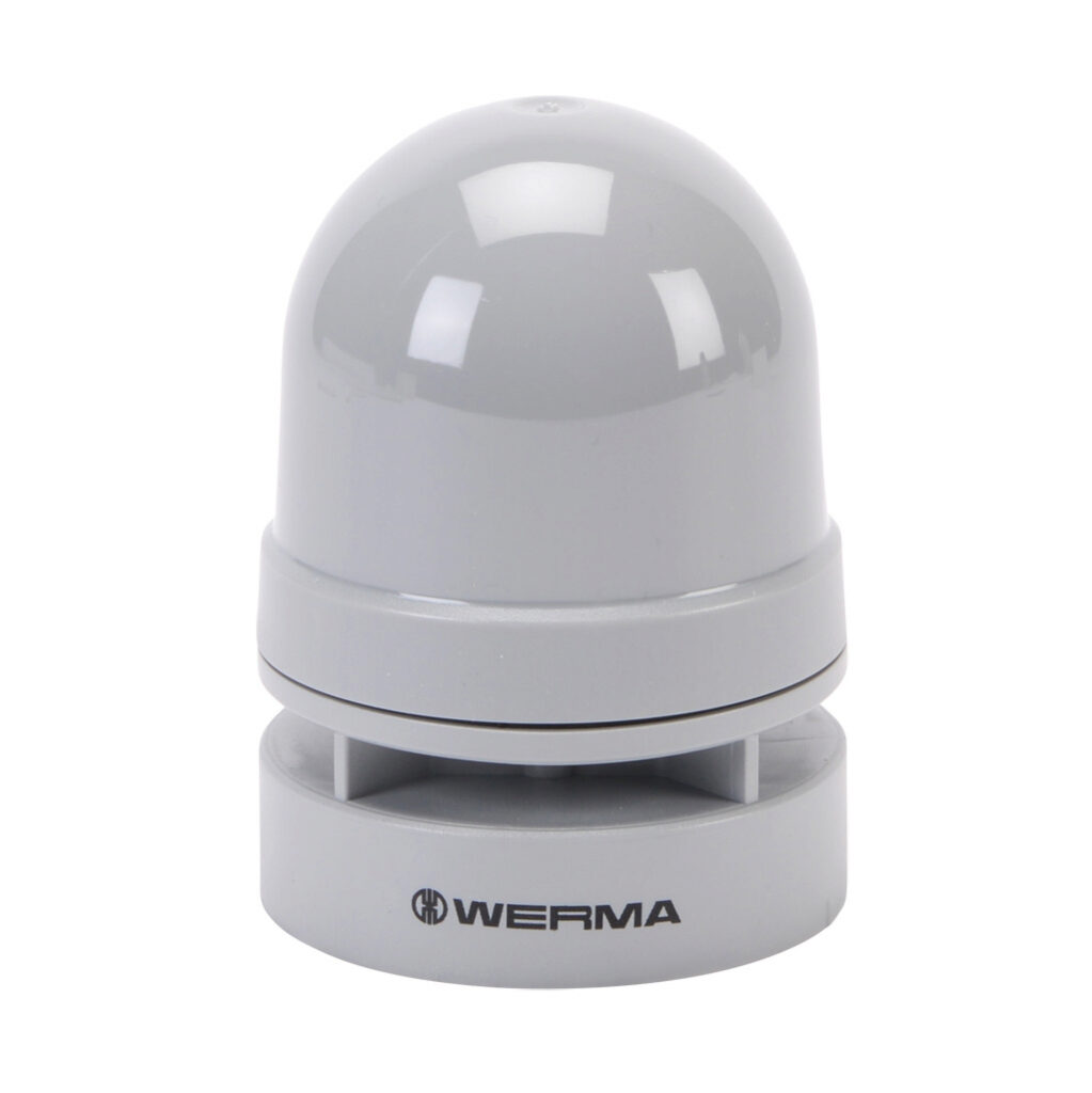 16070075 - WERMA EvoSIGNAL Mini series audible signal horn, 95 dB at 1m, 4 kHz tone frequency, continuous/pulse tone(s), 24 VAC/VDC, modular mount, ABS/polycarbonate housing, gray, IP66. Requires mounting adapter.