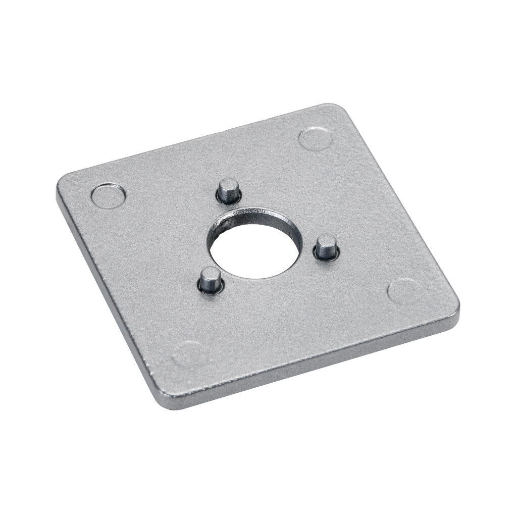 161041 - FATH fixed caster adapter plate, silver, 45 x 45mm, die-cast zinc, slot size 10. For use with 45 x 45mm profile T-slotted rails. Manufacturer part number: 098FA45N10.
