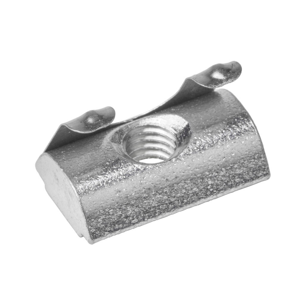 161112 - FATH roll-in nut, silver, 10-32 UNF, zinc plated steel, slot size 6. Package of 10. For use with all 1in and 2in profile T-slotted rails. Manufacturer part number: 096541U10-32F.