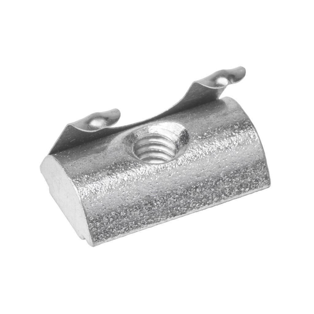 161113 - FATH roll-in nut, silver, 8-32 UNC, zinc plated steel, slot size 6. Package of 10. For use with all 1in and 2in profile T-slotted rails. Manufacturer part number: 096541U8-32F.