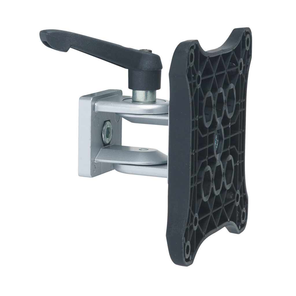 162897 - FATH monitor holder, black/silver, 118 x 118mm, nylon/die-cast zinc, slot size 8. For use with all 1.5in, 3in, 40mm and 80mm profile T-slotted rails. Mounting hardware included. Manufacturer part number: 061SM7510040F.