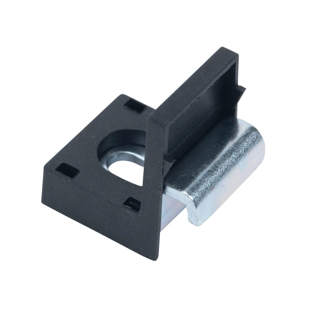 162909 - FATH top angle clamp, black, 90-degree, nylon/steel, slot size 8. For use with all 40mm and 80mm profile T-slotted rails. Mounting hardware included. Manufacturer part number: 093WT401N08S.