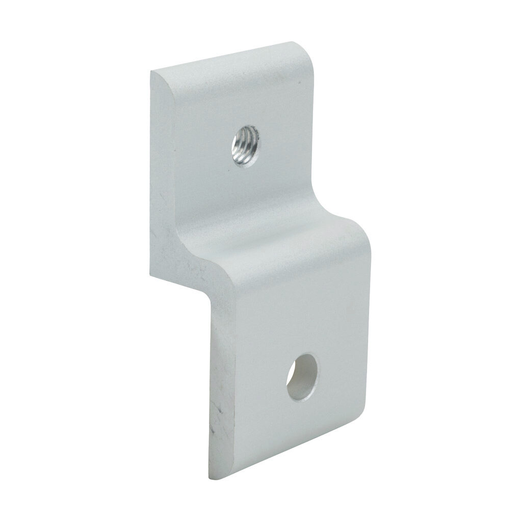 162911 - FATH panel holder, silver, anodized aluminum, slot size 8. For use with all 1.5in and 3in profile T-slotted rails. Manufacturer part number: 093P38N.