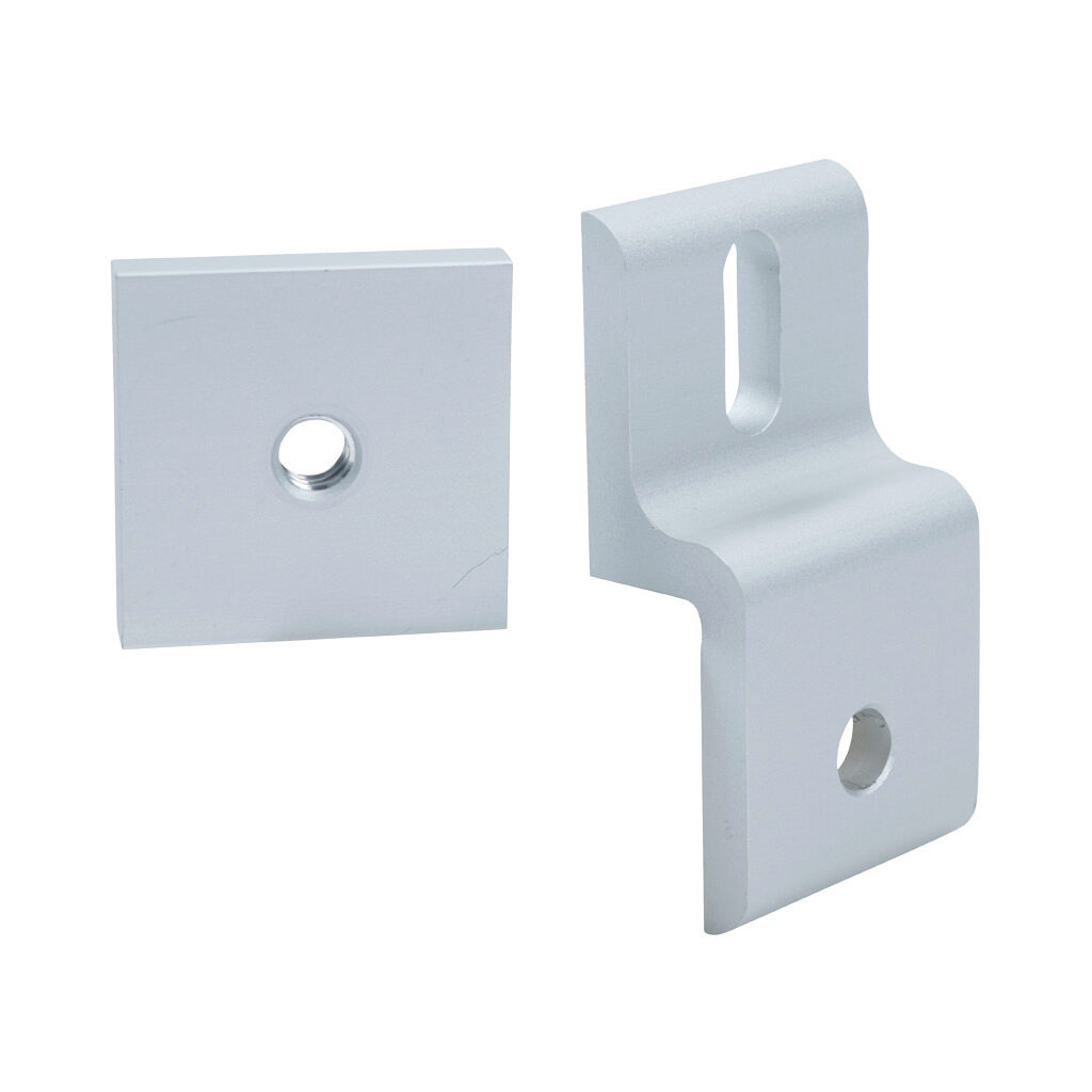 162916 - FATH panel holder, silver, anodized aluminum, slot size 8. For use with all 1.5in and 3in profile T-slotted rails. Backing plate included. Manufacturer part number: 093P38LN.